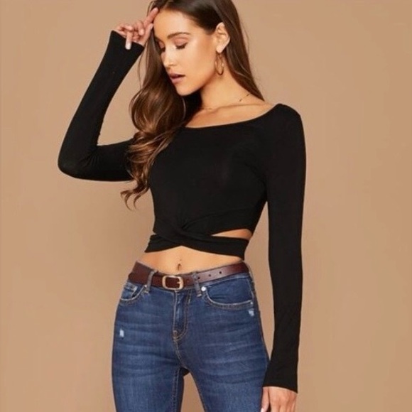 SHEIN Tops - SHEIN Black Crisscross Cut Out Long Sleeve Crop Top Sz XS & S LIKE NEW